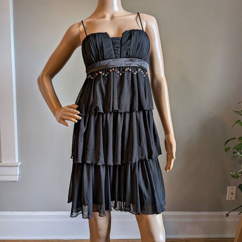 Vintage Y2K City Triangles Black Mini Dress Tiered Layers Beaded Fringe Fairy S